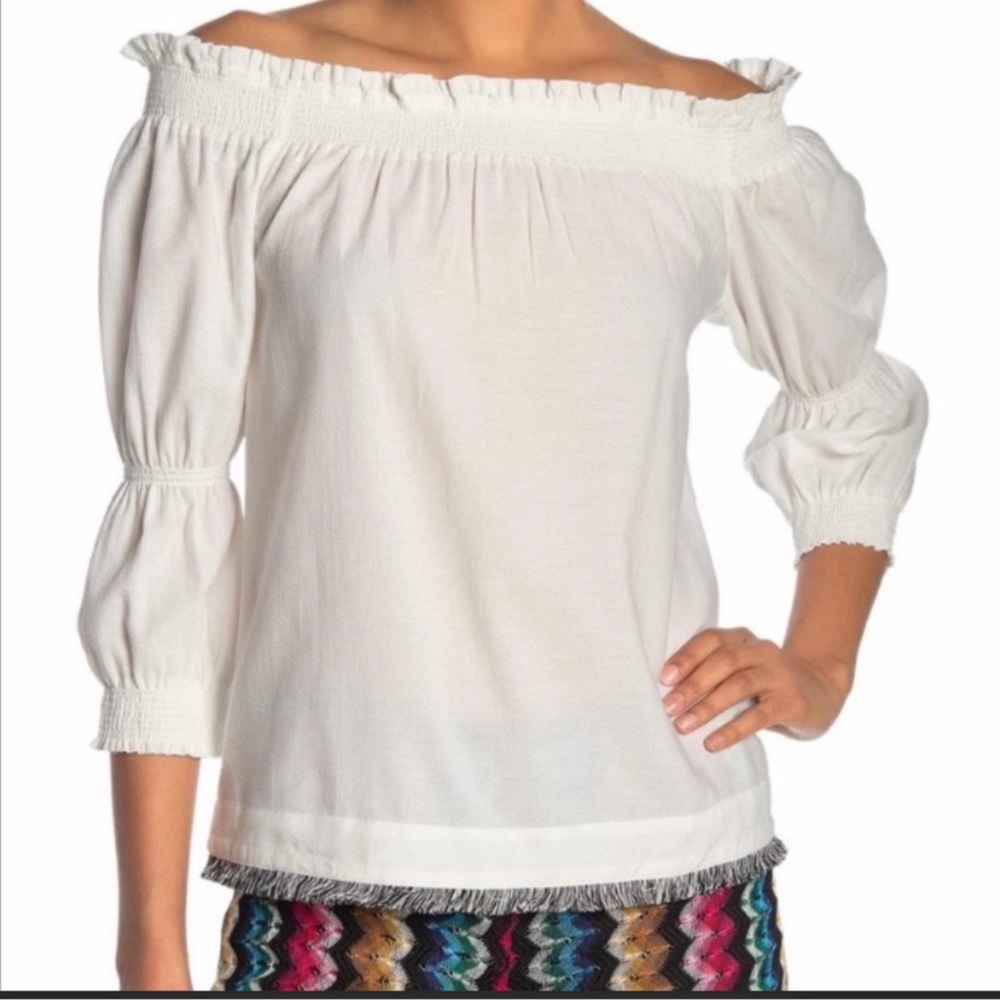 Trina Turk Ragtime Off Shoulder Fringe Hem Peasant Blouse Top White Size S NEW